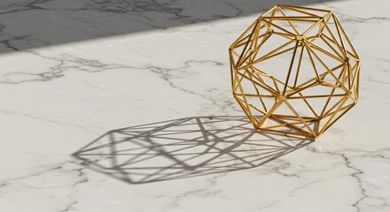 Geometric gold wireframe sculpture casting intricate shadows on a marble surface
