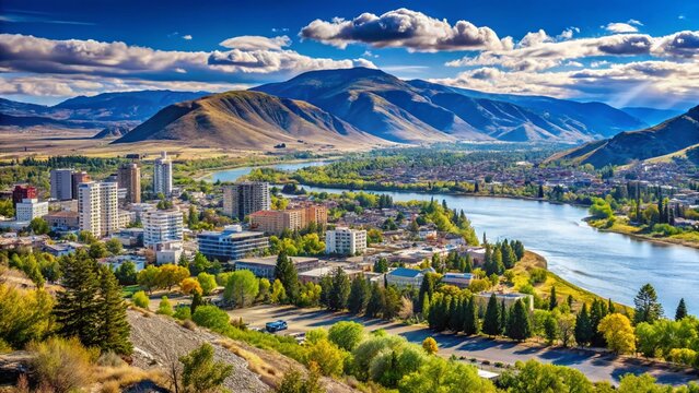 Kamloops Downtown Skyline & Thompson River Glacier Melt, British Columbia, Canada