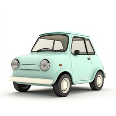 light blue vintage compact car with a rounded design, isolated on a white background in a minimalist style.