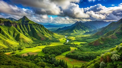 Fototapeta premium Kauai Panoramic: Lush Valley & Majestic Mountains - Candid Photography
