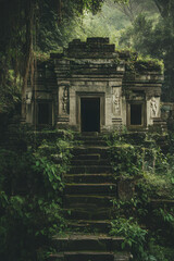 Fototapeta premium Ancient stone temple engulfed by lush jungle vegetation, with moss-covered steps leading to mysterious doorways, evoking a sense of history and tranquility.
