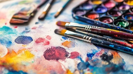 Fototapeta premium Colorful Watercolor Paint Brushes and Palette