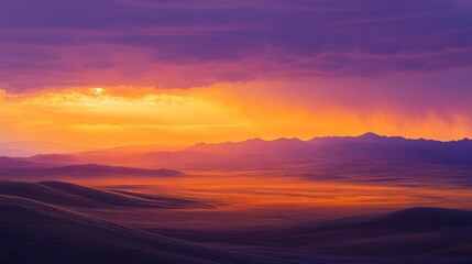 Fototapeta premium Vibrant Desert Sunset Landscape with Orange and Purple Hues