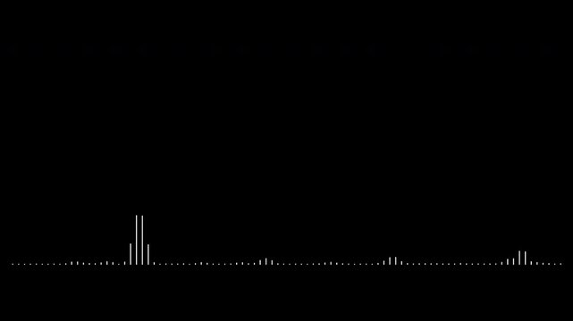 Classic mono equalizer line on black screen, slow vibrations, very thin white bars, 4k