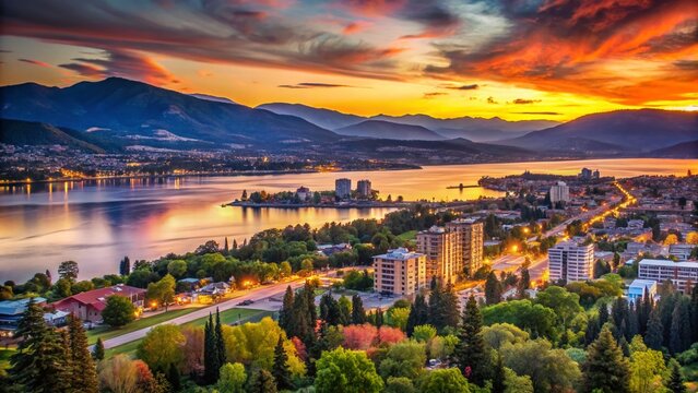 Kelowna City Skyline at Dusk, Okanagan Valley, British Columbia, Canada