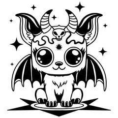 Cute gothic creature with big eyes, bat wings, and horns. Adorable fantasy design. Perfect for prints and tattoos.