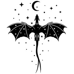 Mystical dragon silhouette with wide wings, moon, and stars. Black and white fantasy vector illustration for tattoos,cut file, prints, and digital designs. Boho style