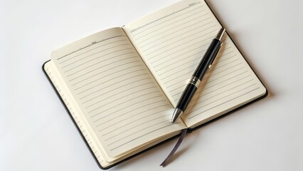 Open Notebook with Pen on White Background