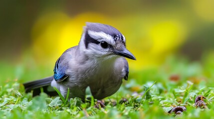 Grey and Blue Jay Bird on Green Grass