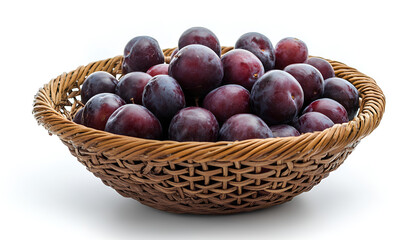 Obraz premium Fresh ripe plums in wicker bowl isolated on white