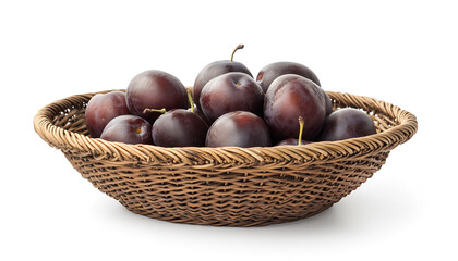 Obraz premium Fresh ripe plums in wicker bowl isolated on white