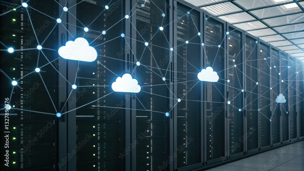 Poster high-tech server room filled with multiple servers and advanced networking equipment for data storag