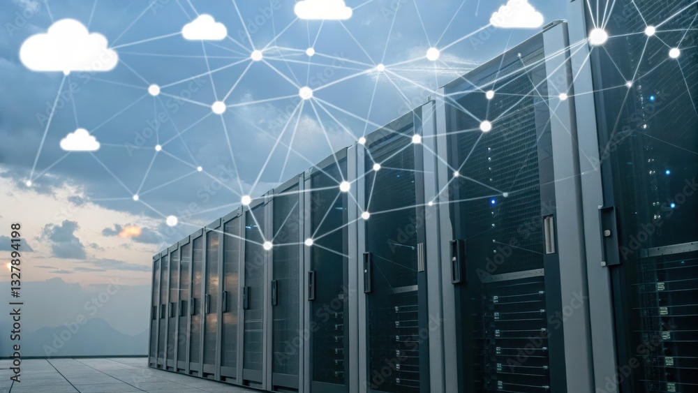 Poster advanced server setup displaying multiple servers in a high-performance data center environment