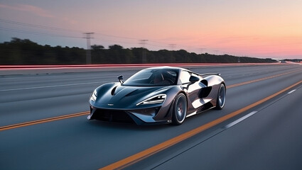 A sleek, futuristic supercar speeding down an empty highway at sunset, with glowing neon lights along the road. The car features a glossy metallic finish with sharp aerodynamic lines, capturing the es