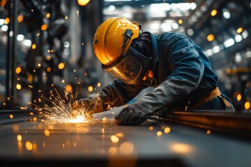 A skilled worker focuses on welding metal pieces, surrounded by a flurry of sparks and warm light in an industrial workshop at dusk Generative AI