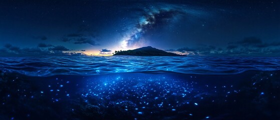 Ocean Background with Bioluminescent Underwater Glow and a Starry Night Sky. Copy space. Generative AI