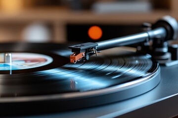 A close-up of a vintage turntable with a spinning vinyl record and stylus, evoking a sense of nostalgia for music enthusiasts and lovers of analog sound.