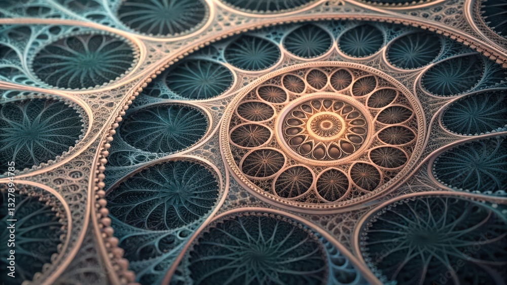 Poster spiraling pattern representing cybernetic fractal intelligence in a seamless abstract design