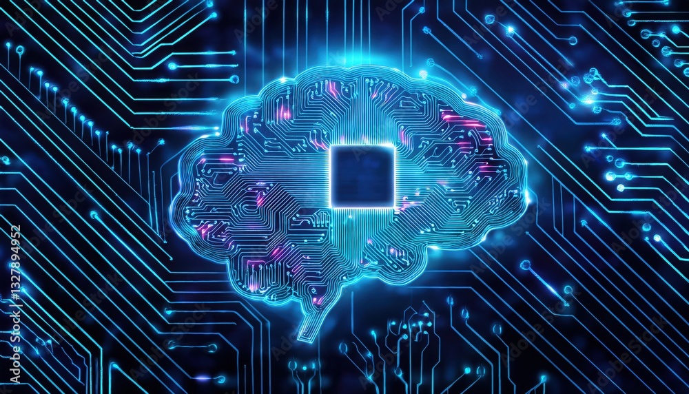 Poster brain on a circuit board representing advanced artificial intelligence and interconnected systems