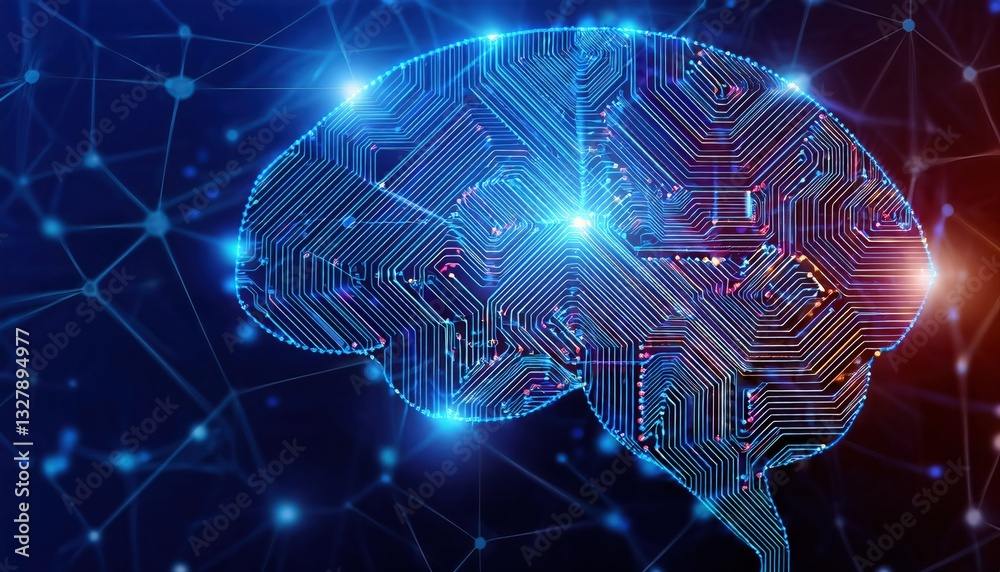 Poster artistic representation of a brain composed of circuits symbolizing digital intelligence and ai
