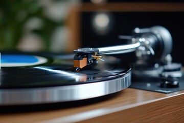 This close-up image features a turntable&rsquo;s tonearm delicately hovering above a vinyl record, drawing attention to the craftsmanship and the connection to music.
