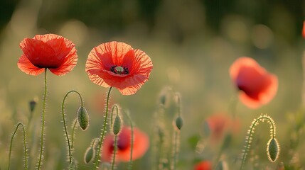 Fototapeta premium A field brimming with vibrant red blossoms surrounds a ladybug in the center, set against a hazy backdrop