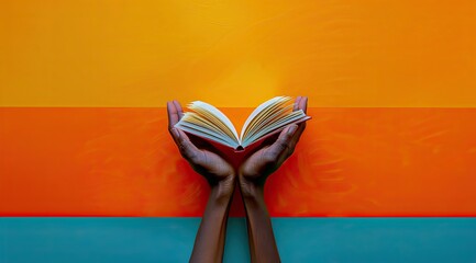 Hands gently holding an open book on a colorful background