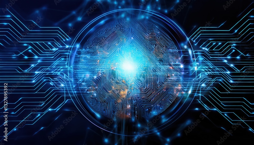 Poster innovative circuit design with light emitting element depicting digital thought process and logic fl