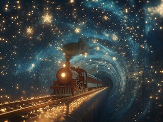 steam train in cosmic tunnel, swirling nebula, stars