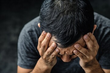 Fototapeta premium Stressed man covering face with hands in dark setting