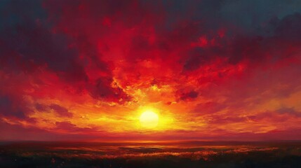 Fototapeta premium Fiery Red Sunset Over a Flat Landscape