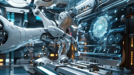 Robotic Arm Interacting with Futuristic Digital Interface