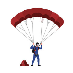Obraz premium Skydiver landing with parachute in flat vector art style illustration