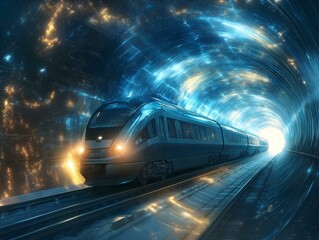 Naklejka premium high speed train speeding through a cosmic tunnel, nebula and stars