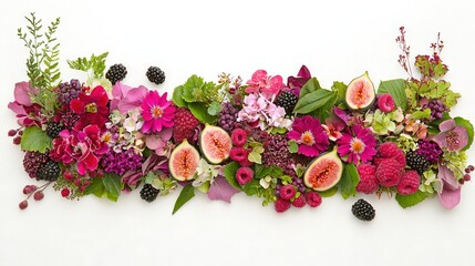 Fototapeta premium A group of flowers arranged on a white background, featuring blackberries and other varieties