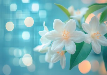 Fototapeta premium Elegant white flowers with delicate petals on a soft blue background, creating a serene and tranquil atmosphere for nature-themed projects