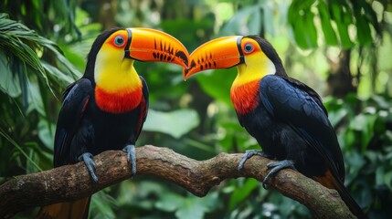 Fototapeta premium Two Toucans Touching Beaks on Branch