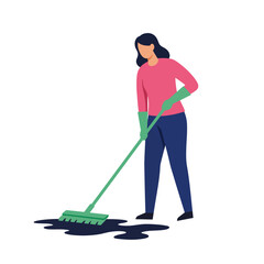 Woman cleaning floor with mop in flat colorful vector illustration