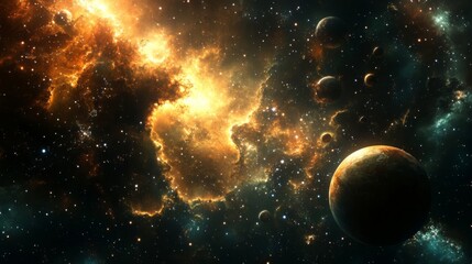 Obraz premium Cosmic Nebula with Glowing Planets and Stars