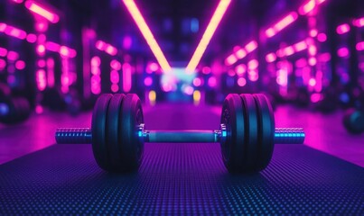 Fototapeta premium Dumbbell on mat in neon-lit gym, ready for workout