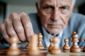 An intense chess game featuring an elderly man in deep thought, showcasing the strategic elements of the game and the deep focus required in such a mentally engaging activity.