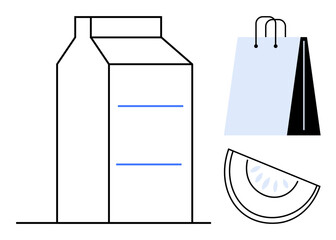 Milk carton beside a stylish shopping bag and a fresh watermelon slice. Ideal for groceries, eco-friendly shopping, sustainable living, fresh produce, minimalism, retail, food concepts. Flat simple