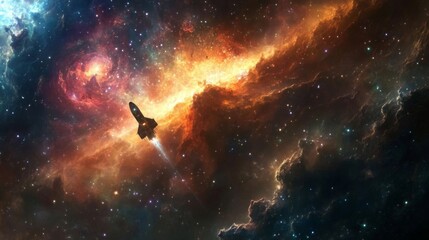Obraz premium Spaceship Navigating Vibrant Nebula in Deep Space