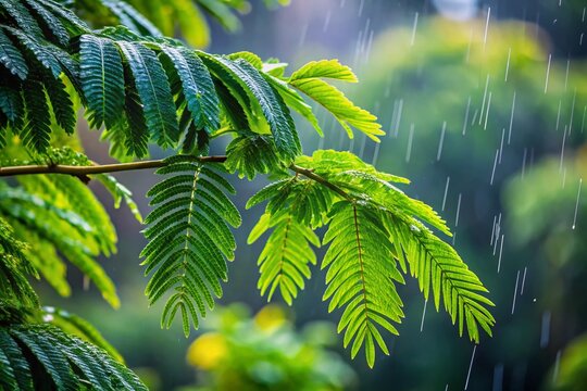 Leucaena leucocephala Shrub in Heavy Rain, Tropical Plant, Fabaceae, Petai Selong, Rainy Season