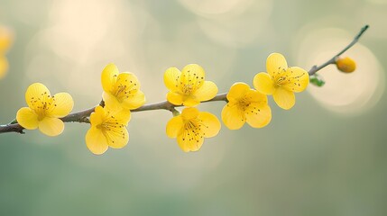  A tree adorned with bright yellow blossoms, against a hazy backdrop