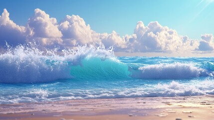 Fototapeta premium Ocean Wave Crashing on Sandy Beach Under a Sunny Sky