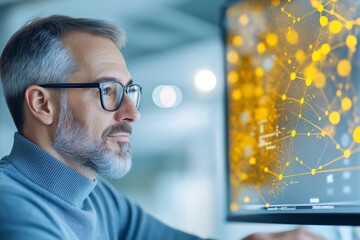Mature man in glasses analyzing data on a futuristic screen with digital network visualization in a modern office setting
