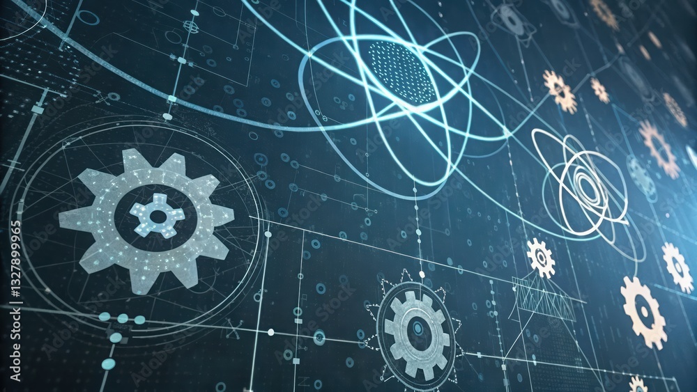 Poster high-tech computer screen displaying gears representing problem solving and mechanical intelligence