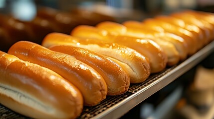 Rows of golden fresh baked hot dog buns on display