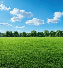 Expansive Green Meadow Under a Clear Blue Sky with Fluffy White Clouds and Lush Trees Surrounding the Landscape During a Bright Sunny Day